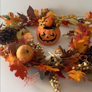 Fall Wreath w/ Pumpkin Halloween Decoration Faux